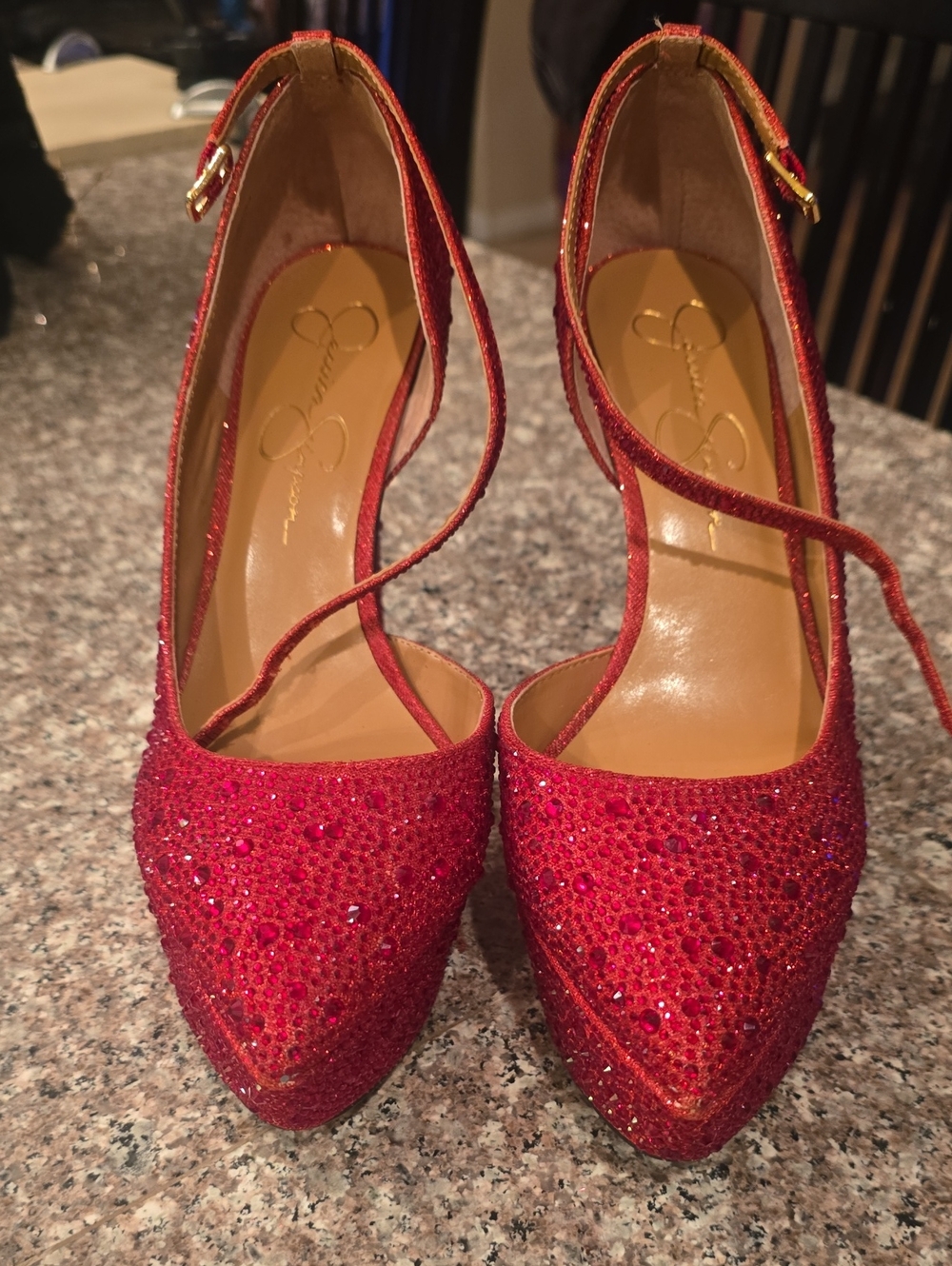 Jessica Simpson Red Glitter Pointed Ankle-Strap Heels - Picture 7 of 12